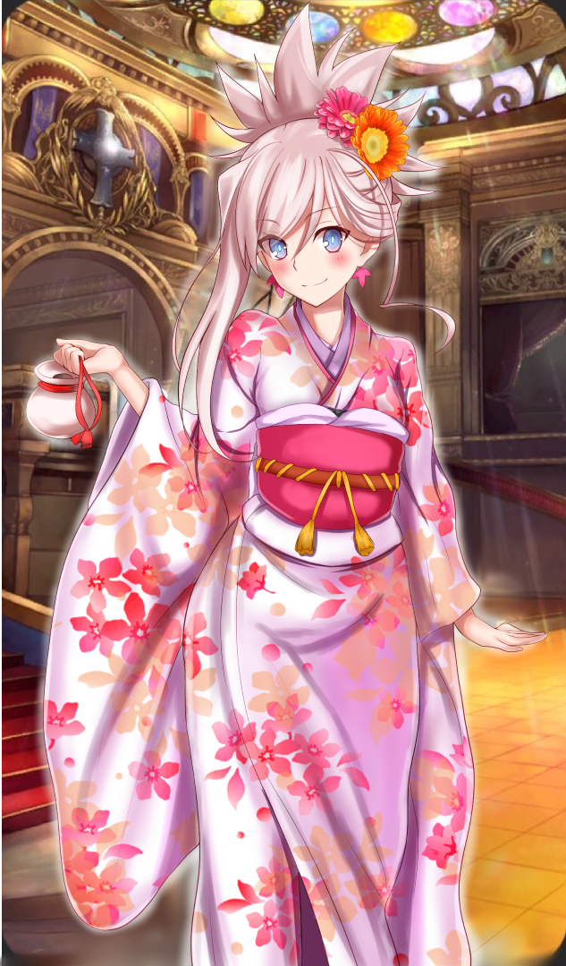 1girl, alternate_costume, blue_eyes, blush, earrings, fate/grand_order, fate_(series), hair_ornament, japanese_clothes, jewelry, kimono, looking_at_viewer, miyamoto_musashi_(fate/grand_order), nagishy, pink_hair, ponytail, sash, smile, solo