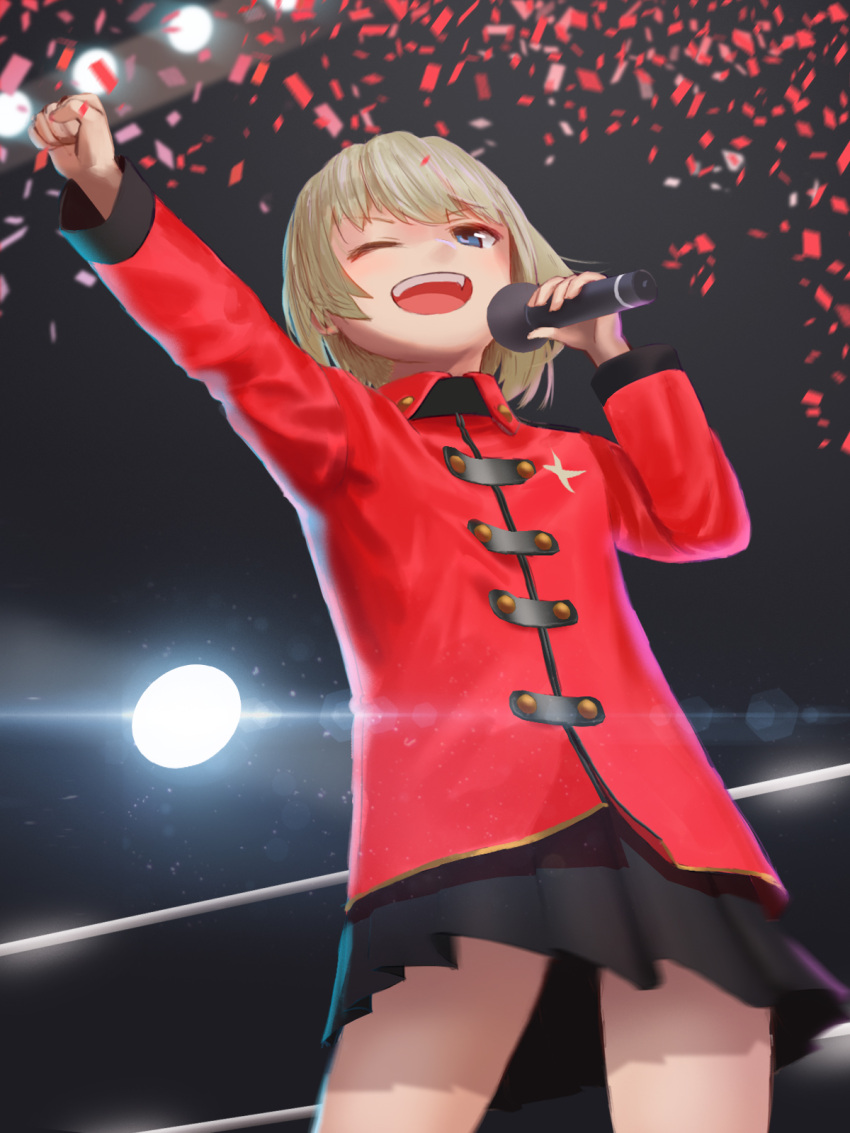 10s, 1girl, bangs, black_skirt, blonde_hair, blue_eyes, coat, confetti