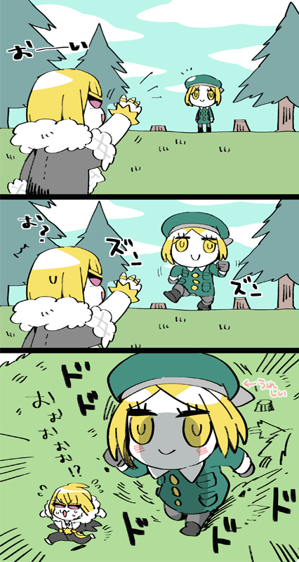 1boy, 1girl, 3koma, blonde_hair, coat, comic, fate/grand_order, fate_(series)