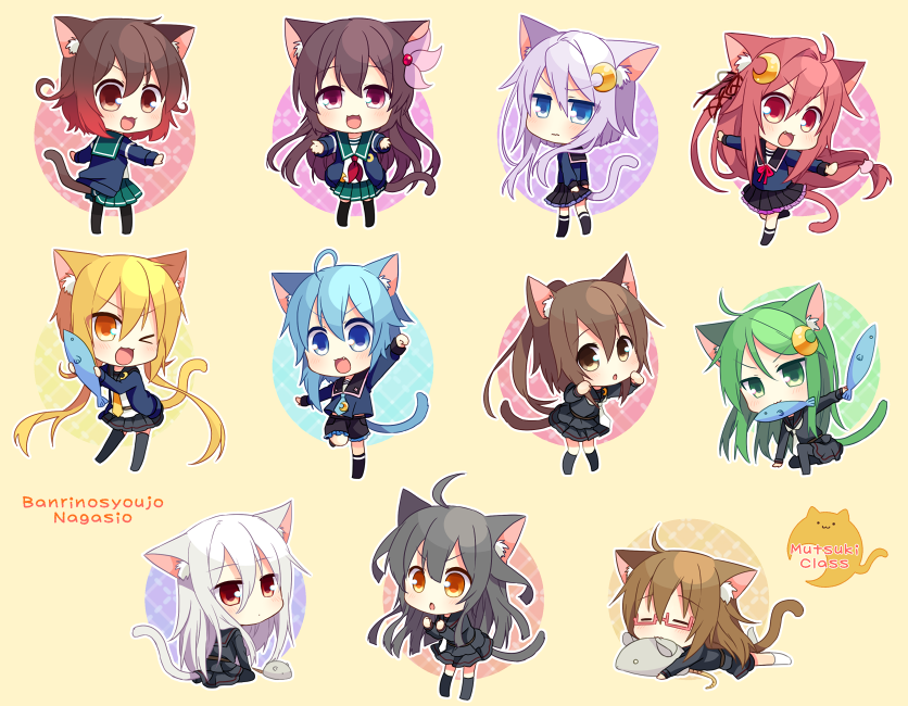 >:d, >:o, 6+girls, :d, :o, ahoge, animal_ears, black_hair