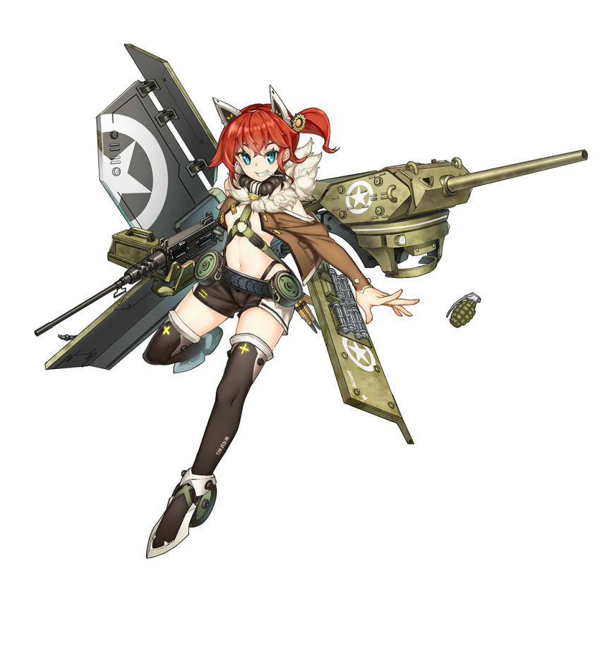 1girl, animal_ears, black_legwear, blue_eyes, blush, cat_ears, cu_(fsy84738368), explosive, fake_animal_ears, full_body, grenade, long_sleeves, looking_at_viewer, navel, panzer_maiden, parted_lips, redhead, short_hair, smile, solo, teeth, thigh-highs