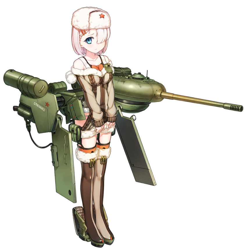 1girl, bare_shoulders, blue_eyes, boots, cannon, child, cu_(fsy84738368), full_body