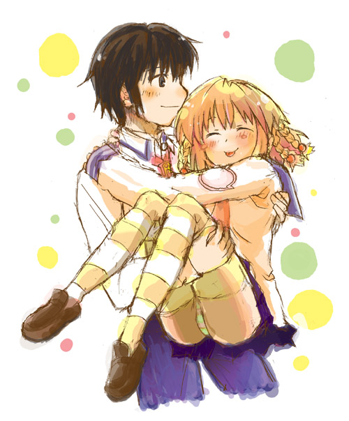 braid, carrying, kanisawa_kinu, princess_carry, striped, striped_legwear, striped_thighhighs, thigh-highs, thighhighs, tsushima_leo, tsuyokiss