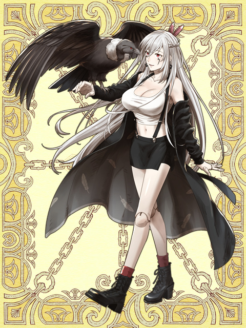 1girl, artist_request, bird, boots, breasts, coat, condor, doll_joints
