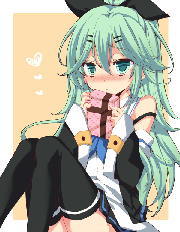 1girl, black_legwear, black_serafuku, blush, box, choker, commentary_request, detached_sleeves
