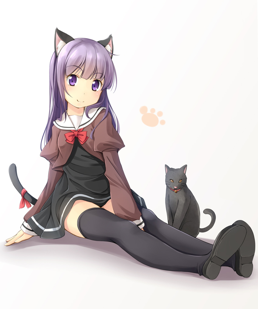 1girl, animal_ears, bell, bell_choker, between_legs, black_cat, black_dress, black_legwear