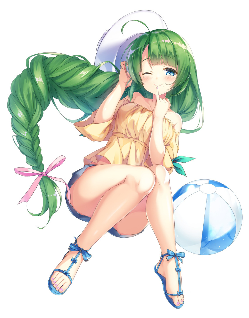 1girl, ;), absurdres, ahoge, ball, bare_shoulders, beachball, blue_eyes
