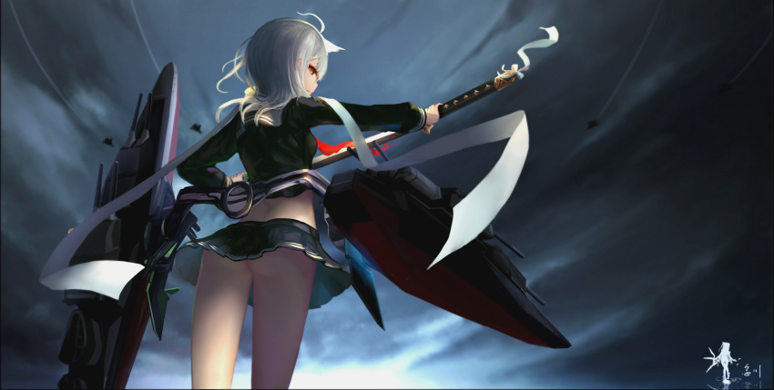 1girl, aircraft, airplane, ass, bilan_hangxian, clouds, cloudy_sky, commentary_request