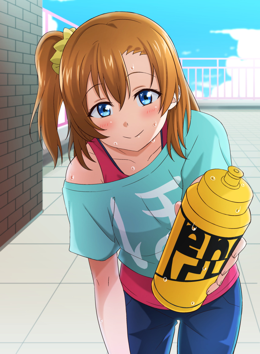 1girl, asymmetrical_bangs, bangs, blue_eyes, blue_pants, blue_shirt, blush, bottle