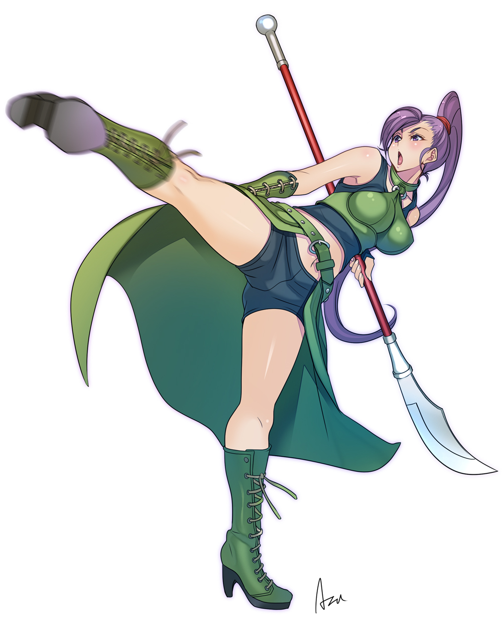 1girl, azu, bare_shoulders, blush, boots, breasts, dragon_quest, dragon_quest_xi, high_heel_boots, high_heels, highres, kicking, large_breasts, long_hair, martina_(dragon_quest_xi), motion_blur, navel, ponytail, purple_hair, solo, violet_eyes