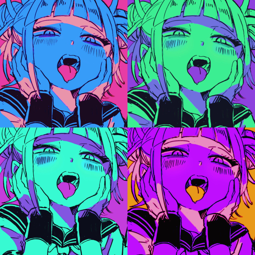 10s, 1girl, bangs, blunt_bangs, blush, boku_no_hero_academia, double_bun, face, fangs, hair_bun, hands_on_own_cheeks, hands_on_own_face, highres, ikapnmn2, long_sleeves, monochrome, open_mouth, school_uniform, serafuku, smile, solo_focus, teeth, toga_himiko, tongue, twintails, yandere_trance