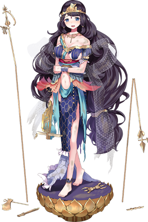 1girl, black_hair, blue_eyes, blush, bowgun, breasts, crown, full_body