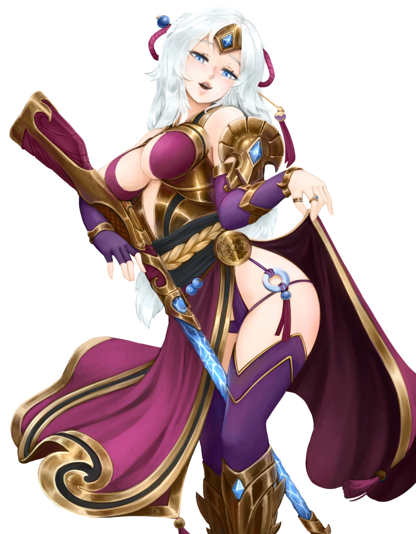 1girl, barbariank, blue_eyes, boots, bracelet, center_opening, fingerless_gloves, gloves, gun, hair_ornament, hair_stick, headband, highres, jewelry, lian_(paladins), long_hair, open_mouth, paladins, revision, rifle, ring, solo, teeth, thigh-highs, transparent_background, upper_body, weapon, white_hair