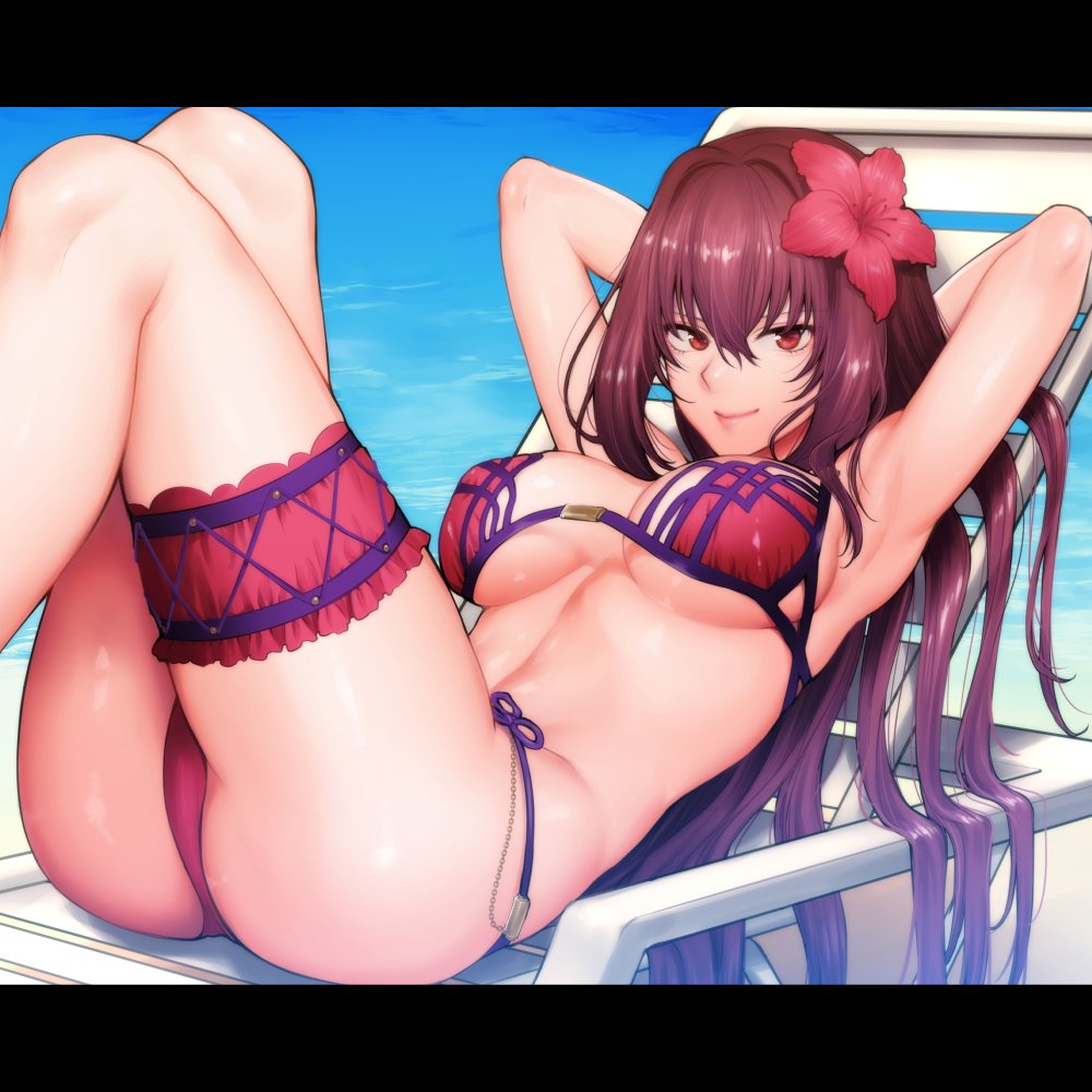 1girl, arms_behind_head, ass, beach, beach_chair, bikini, blush, breasts, day, fate/grand_order, fate_(series), flower, hair_flower, hair_ornament, knees_up, large_breasts, long_hair, looking_at_viewer, lying, purple_bikini, purple_hair, red_eyes, scathach_(fate/grand_order), scathach_(swimsuit_assassin)_(fate), shoukaki_(earthean), skindentation, smile, solo, swimsuit, thigh_strap, underbust, water