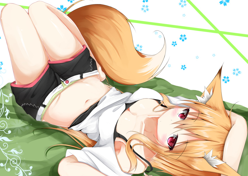 1girl, animal_ears, bangs, bare_shoulders, black_shorts, black_tank_top, blue_flower, blue_flowers