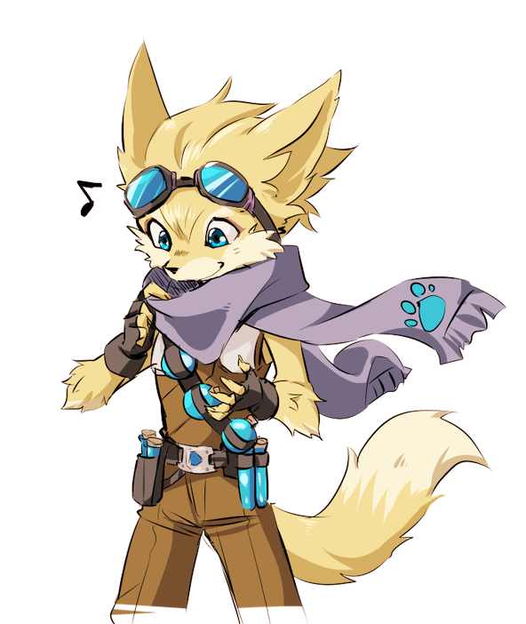 1boy, animal_ears, belt, blue_eyes, fingerless_gloves, furry, gloves, goggles, goggles_on_head, male_focus, musical_note, nanashiba, paladins, pip_(paladins), potion, scarf, simple_background, solo, tail, upper_body, white_background