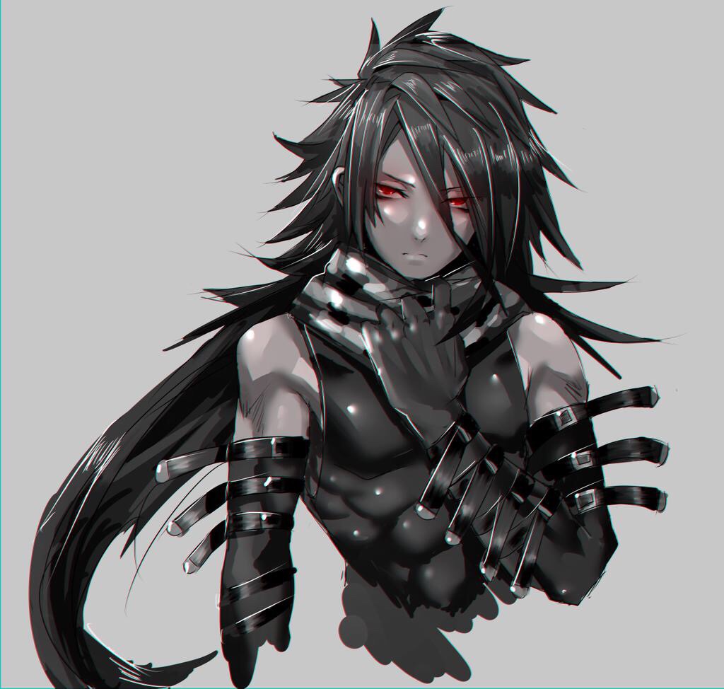 >:(, 1boy, abs, bare_shoulders, black_gloves, camouflage_scarf, commentary_request, deluxe<<<, elbow_gloves, frown, gloves, grey_background, leg_belt, long_hair, original, pointy_hair, red_eyes, scarf, simple_background, sketch, solo, spot_color, upper_body, very_long_hair