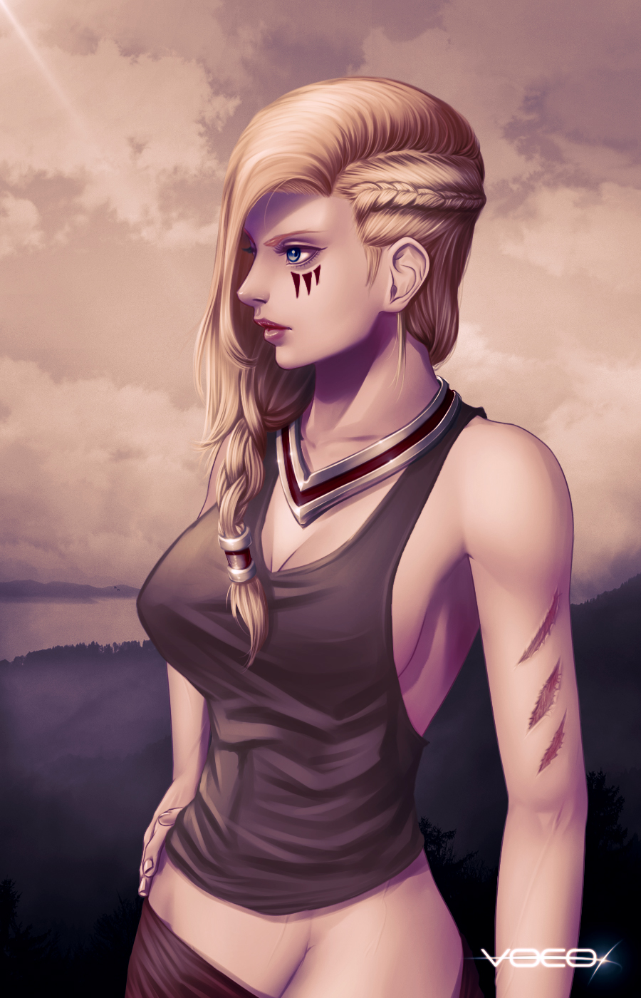 1girl, artist_name, bare_shoulders, blonde_hair, blue_eyes, braid, breasts, cleavage, clouds, cloudy_sky, facial_tattoo, highres, long_hair, paladins, scar, sky, solo, tattoo, tyra_(paladins), upper_body, vocox