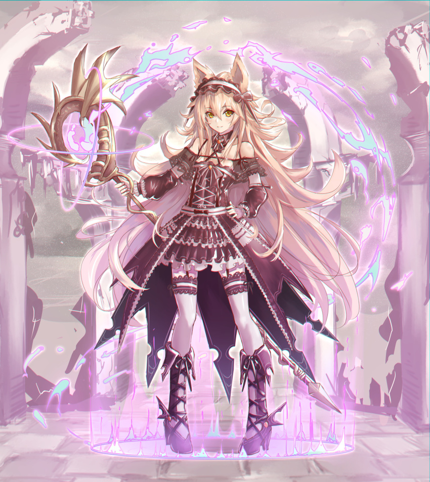 1girl, absurdres, animal_ears, bare_shoulders, blonde_hair, boots, breasts, commentary_request