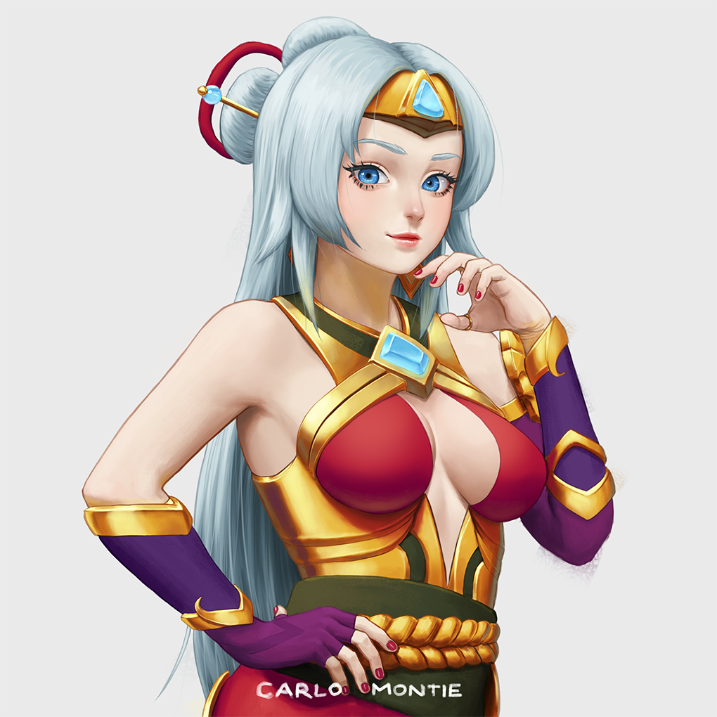 1girl, artist_name, bare_shoulders, blue_eyes, breasts, breasts_apart, carlo_montie, center_opening, fingerless_gloves, gem, gloves, grey_background, hair_ornament, hair_stick, headband, jewelry, lian_(paladins), lipstick, long_hair, makeup, medium_breasts, nail_polish, no_bra, paladins, ring, solo, upper_body, white_hair