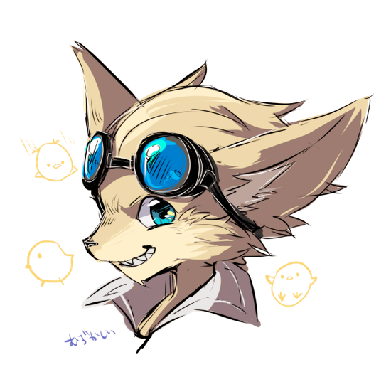 1boy, animal_ears, bird, blue_eyes, chick, chicken, fangs, furry, goggles, goggles_on_head, nanashiba, paladins, pip_(paladins), portrait, simple_background, solo, white_background