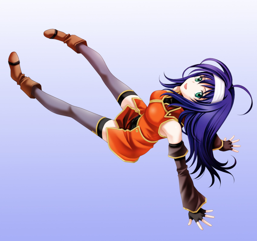 1girl, ahoge, belt, blue_hair, boots, breasts, detached_sleeves, fingerless_gloves