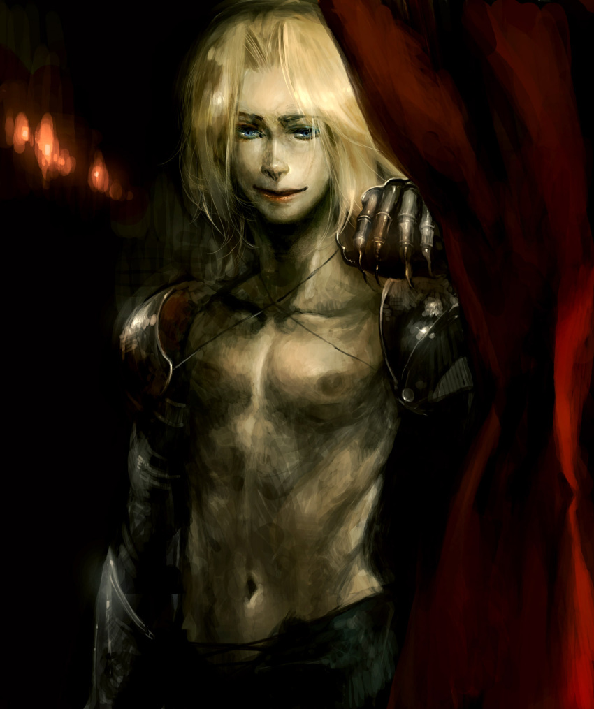 armor, bad_id, blonde_hair, blue_eyes, claws, creepy, curtains, gauntlets, gloves, highres, lucy_(artist), male, realistic, shirtless, smile, solo, sydney_losstarot, vagrant_story