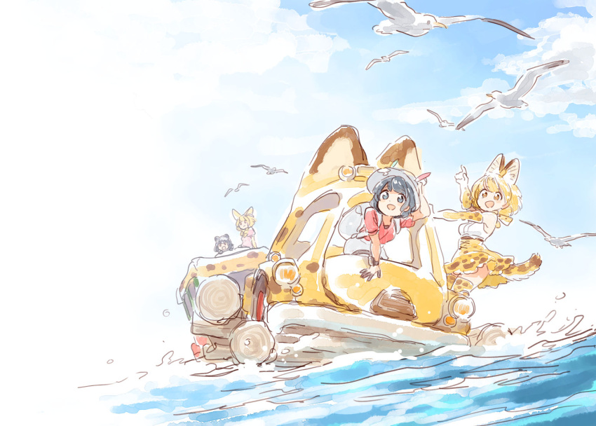 4girls, animal_ears, backpack, bag, bird, black_hair, blonde_hair, bow