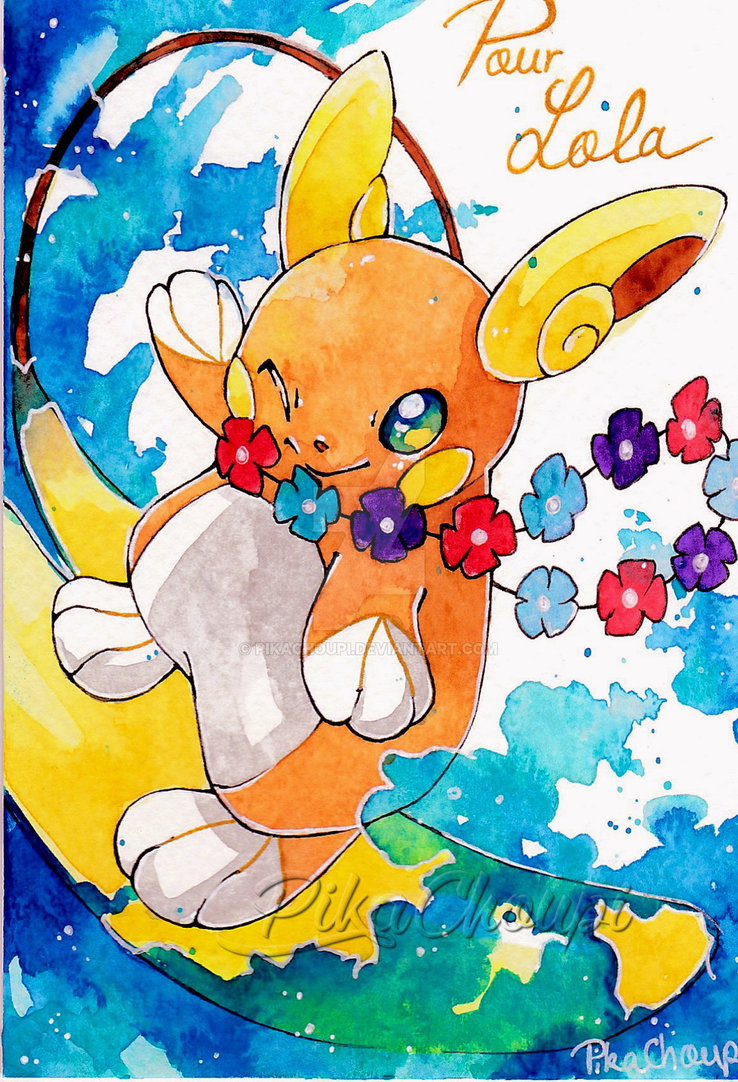 alolan_raichu, artist_name, blue_eyes, ears, french, lei, no_humans, ocean, one_eye_closed, paint_splatter, paws, pikachoupi, pokemon, pokemon_(creature), pokemon_(game), pokemon_sm, raichu, surfboard, surfing, tail, water, watermark, waves, waving