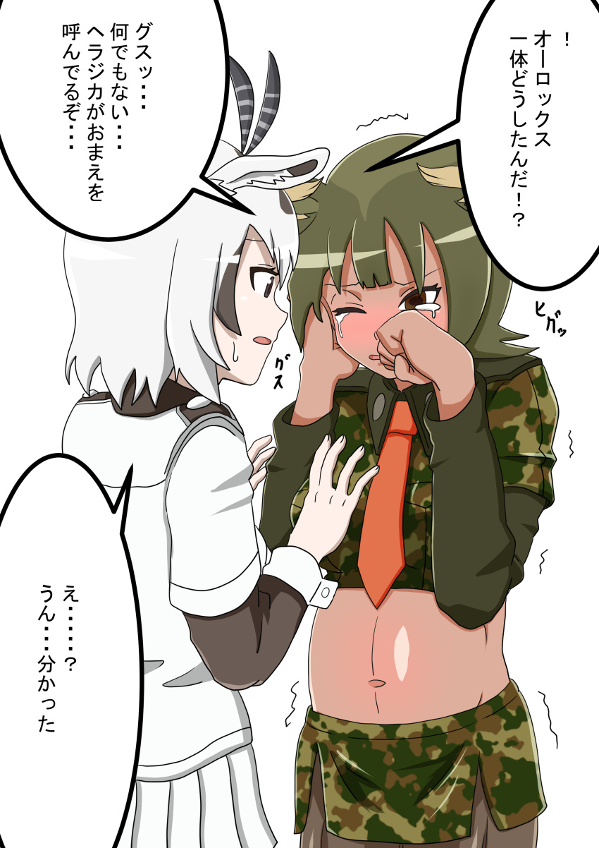 absurdres, animal_ears, antlers, arabian_oryx_(kemono_friends), aurochs_(kemono_friends), camouflage_shirt, highres, horns