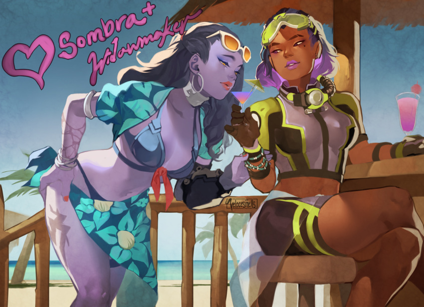 2girls, alternate_costume, arm_tattoo, armlet, bracelet, breasts, character_name, cleavage