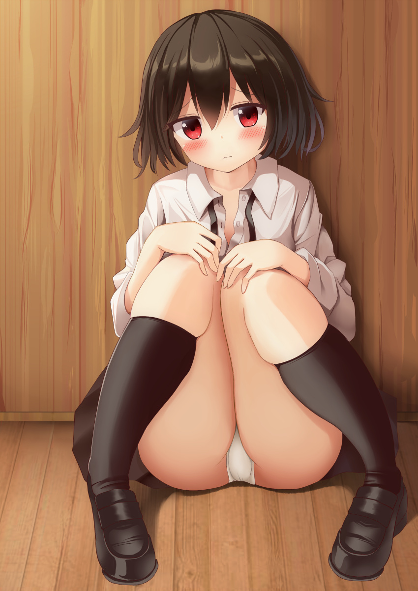 1girl, absurdres, against_wall, black_hair, black_legwear, black_shoes, black_skirt, blush