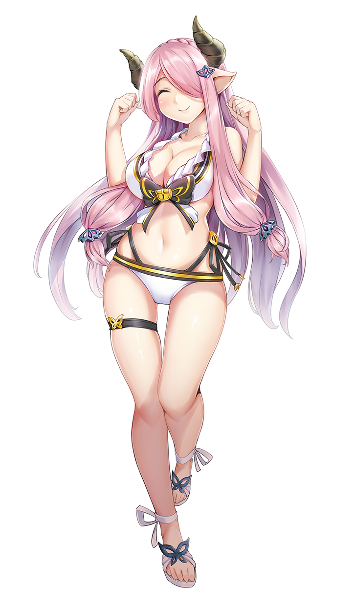 1girl, bikini, blush, braid, breasts, clenched_hands, closed_eyes, closed_mouth