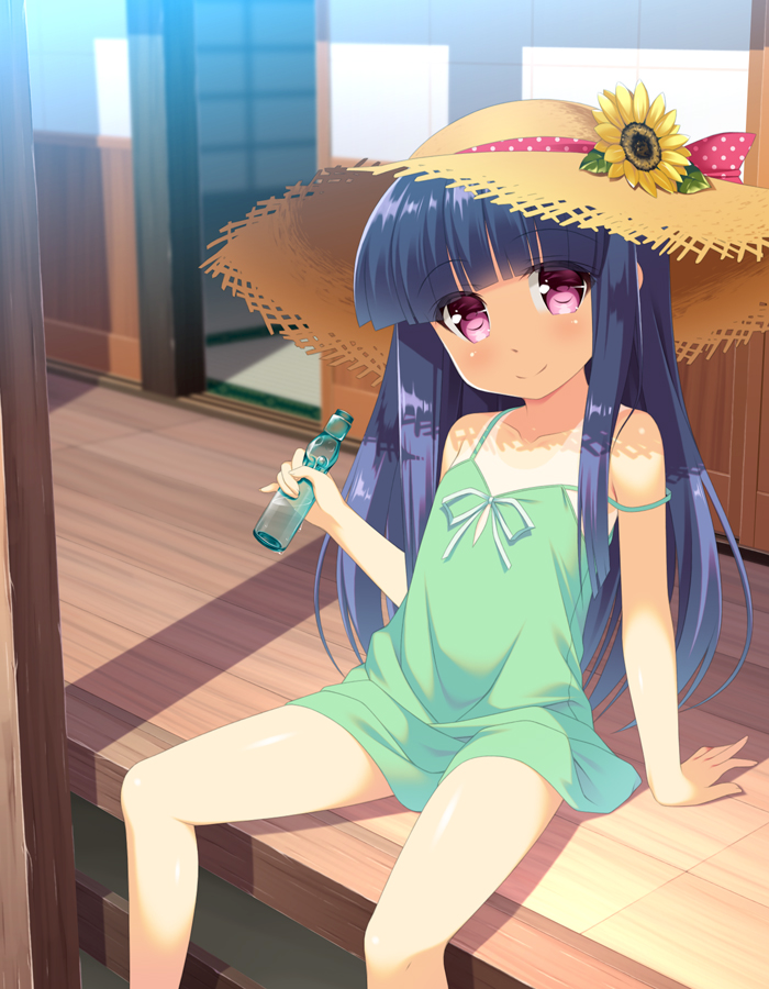 1girl, blue_hair, bottle, dress, furude_rika, gaou, green_dress, hat, higurashi_no_naku_koro_ni, legs, long_hair, outdoors, ramune, short_dress, sitting, smile, solo, spread_legs, strap_slip, sun_hat, sundress, violet_eyes