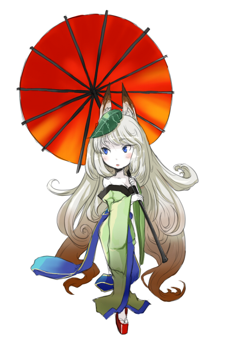 bare_shoulders, blue_eyes, blush, breasts, cleavage, curly_hair, fox_ears, hair_ornament, inari, japanese_clothes, kimono, leaf, leaf_on_head, leaves, long_hair, naginet, oboro_muramasa, oboro_muramasa_youtouden, off_shoulder, oriental_umbrella, sandals, silver_hair, simple_background, solo, umbrella, very_long_hair, white_hair, yuzuruha