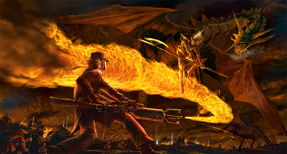 armor, battle, dragon, flamethrower, gigandal_federation, giriam_(pixiv_fantasia), halberd, hat