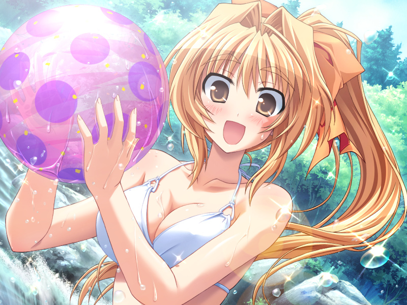 beachball, bikini, blonde_hair, blush, breasts, brown_eyes, cleavage, dutch_angle