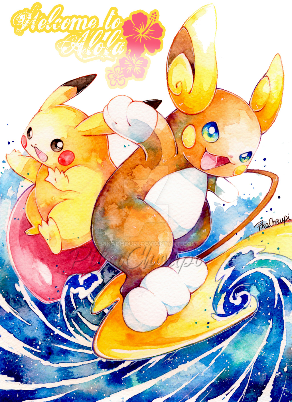 alolan_raichu, artist_name, ears, english, flower, hibiscus, highres, ocean