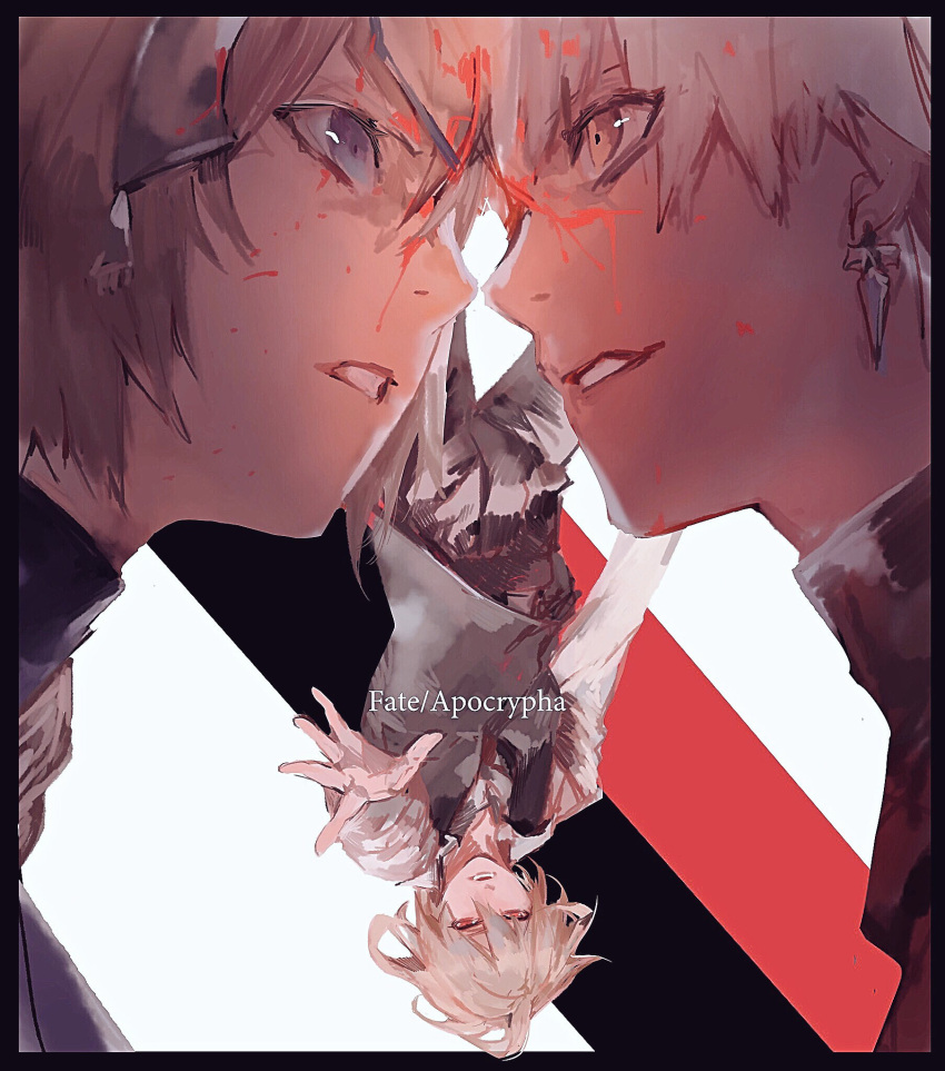 1girl, 2boys, blonde_hair, braid, cape, dark_skin, fate/apocrypha, fate_(series)