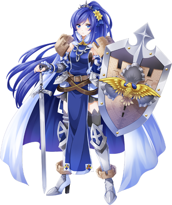 1girl, armor, blue_eyes, blue_hair, caernarfon_(oshiro_project), cape, detached_sleeves, flower, full_body, hair_flower, hair_ornament, holding, holding_shield, holding_sword, holding_weapon, kanna_(chaos966), long_hair, official_art, oshiro_project, oshiro_project_re, ponytail, shield, solo, sword, transparent_background, very_long_hair, weapon