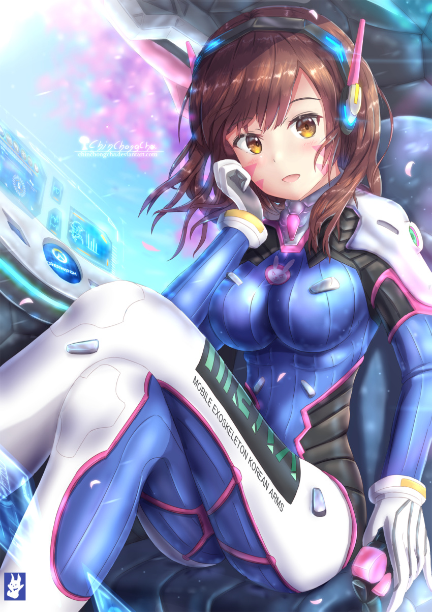 1girl, acronym, animal_print, arm_support, artist_name, bangs, blue_bodysuit, blurry, blurry_background, blush, bodysuit, breasts, brown_eyes, brown_hair, bunny_print, chair, cherry_blossoms, chinchongcha, clenched_hand, clothes_writing, cockpit, computer, copyright_name, d.va_(overwatch), day, eyebrows_visible_through_hair, facepaint, facial_mark, gloves, headphones, high_collar, highres, interface, legs_crossed, legs_up, light_smile, logo, long_hair, looking_at_viewer, mecha, medium_breasts, meka_(overwatch), open_mouth, outdoors, overwatch, petals, pilot_suit, ribbed_bodysuit, shoulder_pads, sitting, skin_tight, solo, swept_bangs, watermark, web_address, whisker_markings, white_gloves