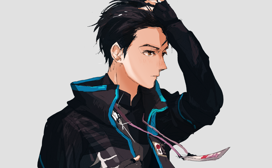 1boy, black_hair, brown_eyes, en_(enxxx), hair_slicked_back, hand_on_own_head, jacket, katsuki_yuuri