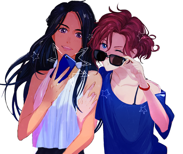 2girls, arm_hug, black_hair, blue_eyes, cellphone, dark_skin, en_(enxxx), mila_babicheva