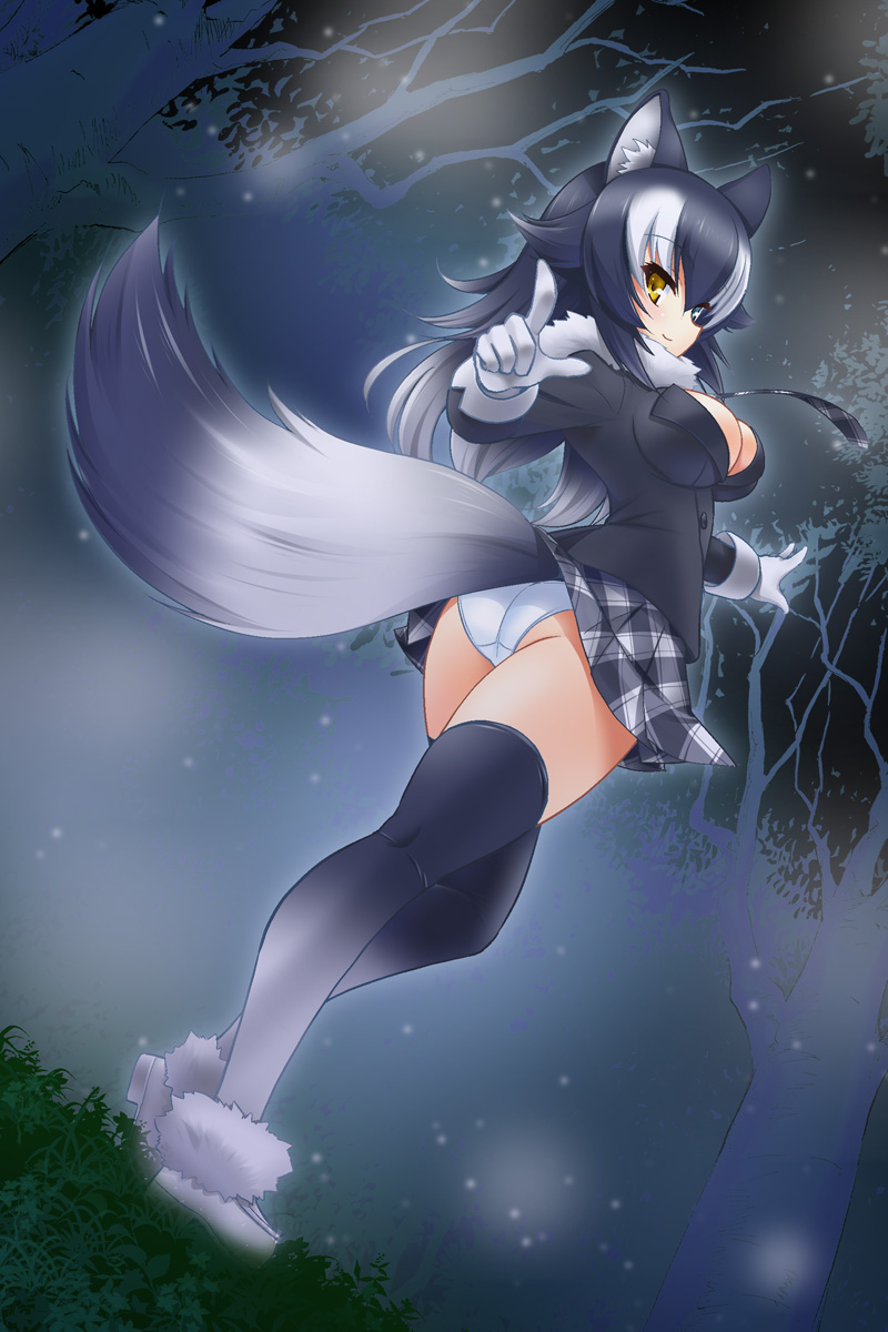1girl, animal_ears, ass, black_hair, blue_eyes, blush, breasts, cleavage, forest, fur_collar, gessekai, gloves, grey_wolf_(kemono_friends), heterochromia, highres, kemono_friends, long_hair, long_sleeves, looking_at_viewer, looking_back, medium_breasts, multicolored_hair, nature, necktie, night, night_sky, outdoors, panties, skirt, sky, solo, star, star_(sky), tail, thigh-highs, thighs, two-tone_hair, underwear, wolf_ears, wolf_tail, yellow_eyes