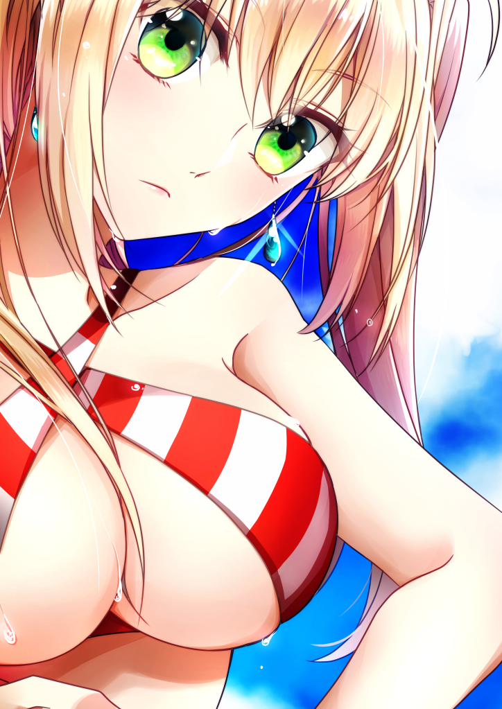 1girl, bangs, bare_arms, bare_shoulders, bikini, blonde_hair, blue_sky, breast_hold