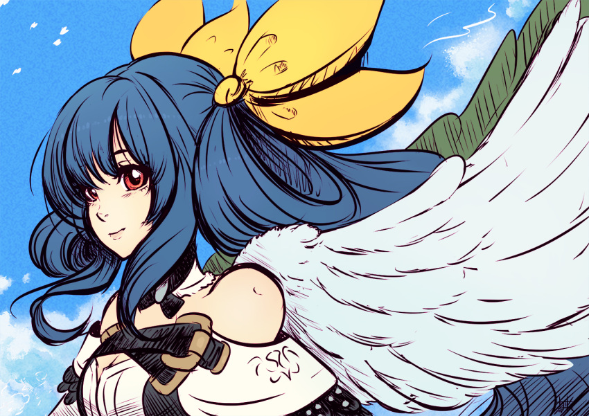 1girl, asymmetrical_wings, bare_shoulders, blue_hair, blue_sky, bow, breasts, cleavage, commentary, cubehero, detached_collar, detached_sleeves, dizzy, guilty_gear, hair_bow, red_eyes, sky, solo, wings, yellow_bow