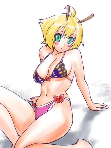1girl, ahoge, antennae, arm_support, barefoot, bikini, blonde_hair, blush, breasts, female, green_eyes, insect_girl, leaning_back, monster_girl, navel, shimon, shimotsuma, short_hair, simple_background, solo, source_request, swimsuit, ueyama_michirou, white_background