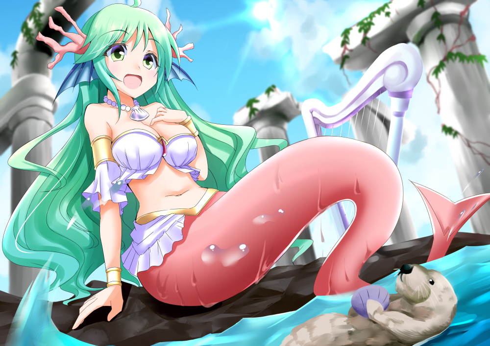 1girl, green_eyes, green_hair, harp, instrument, jewelry, long_hair, mermaid