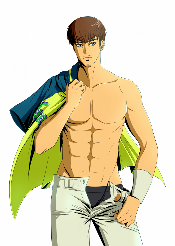 1boy, abs, boxers, brown_hair, grey_pants, jacket_over_shoulder, looking_t_viewer, male_focus, naji_0337, one_outs, pants, satoshi_ideguchi, solo, soul_patch, standing, underwear, wristband