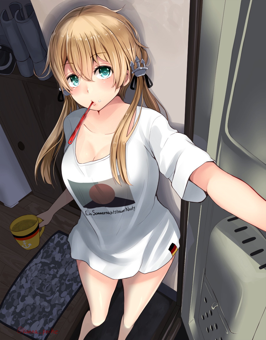 1girl, anchor_hair_ornament, anchor_symbol, blonde_hair, blue_eyes, blush, breasts, cleavage